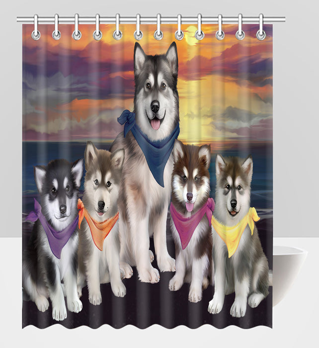 Family Sunset Portrait Alaskan Malamute Dogs Shower Curtain
