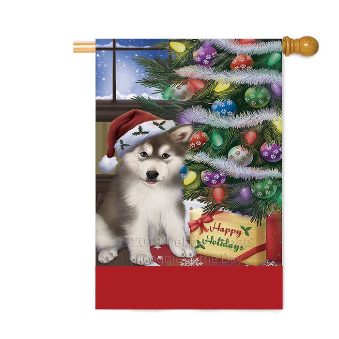 Personalized Christmas Happy Holidays Alaskan Malamute Dog with Tree and Presents Custom House Flag FLG-DOTD-A58634