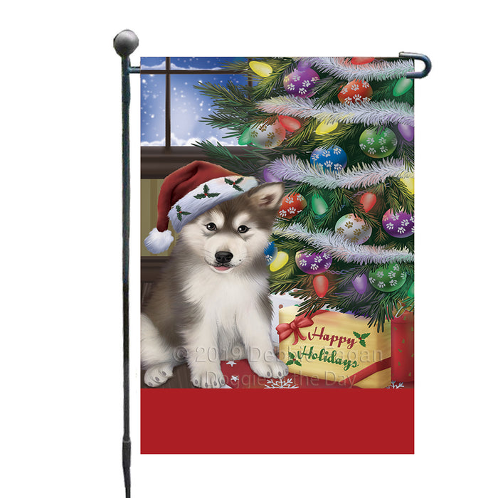Personalized Christmas Happy Holidays Alaskan Malamute Dog with Tree and Presents Custom Garden Flags GFLG-DOTD-A58578