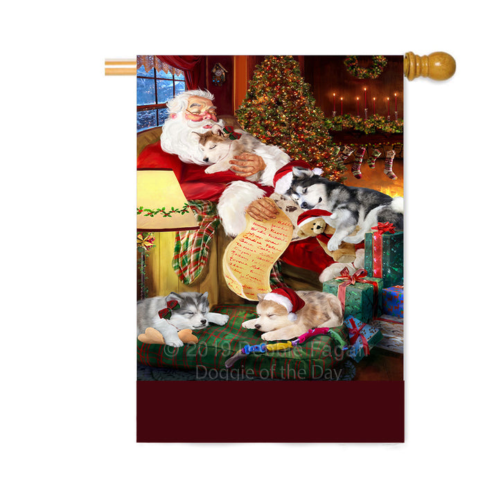 Personalized Alaskan Malamute Dogs and Puppies Sleeping with Santa Custom House Flag FLG-DOTD-A62641