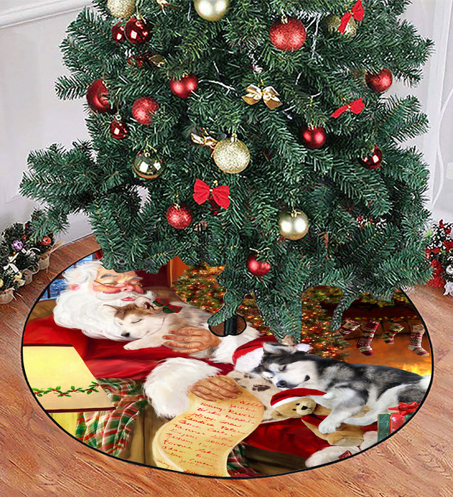 Santa Sleeping with Alaskan Malamute Dogs Christmas Tree Skirt