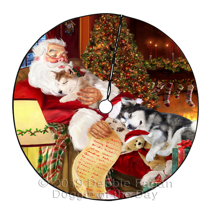 Santa Sleeping with Alaskan Malamute Dogs Christmas Tree Skirt