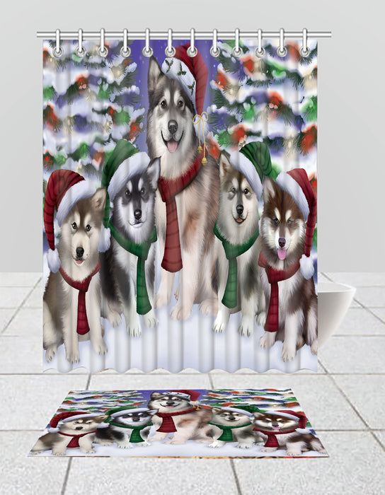 Alaskan Malamute Dogs Christmas Family Portrait in Holiday Scenic Background  Bath Mat and Shower Curtain Combo