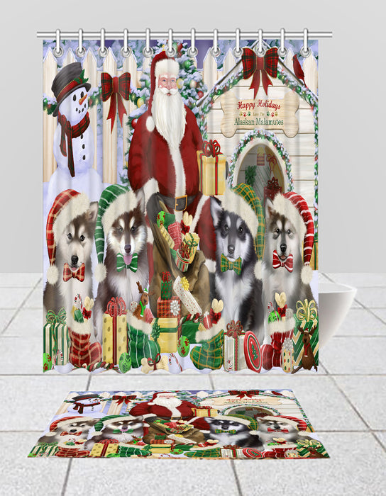 Happy Holidays Christmas Alaskan Malamute Dogs House Gathering Bath Mat and Shower Curtain Combo