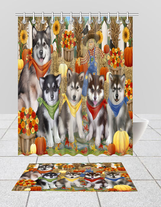 Fall Festive Harvest Time Gathering Alaskan Malamute Dogs Bath Mat and Shower Curtain Combo