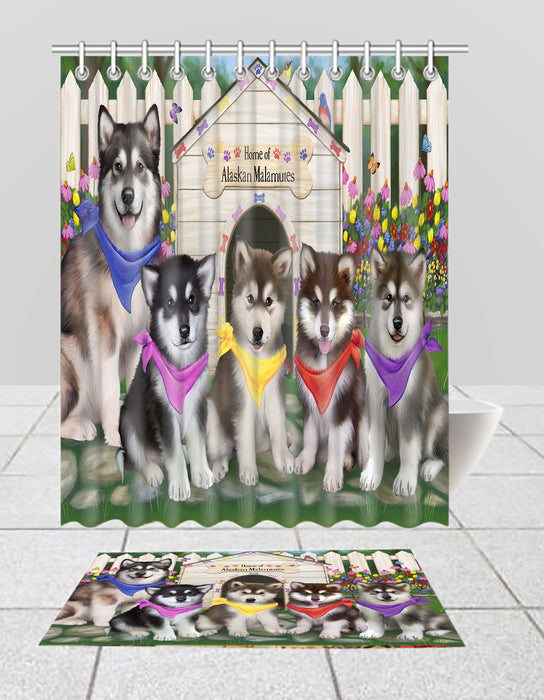Spring Dog House Alaskan Malamute Dogs Bath Mat and Shower Curtain Combo