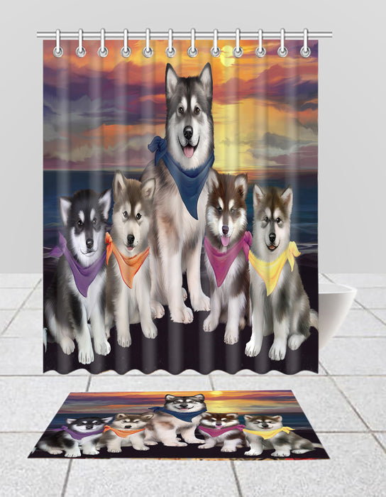 Family Sunset Portrait Alaskan Malamute Dogs Bath Mat and Shower Curtain Combo