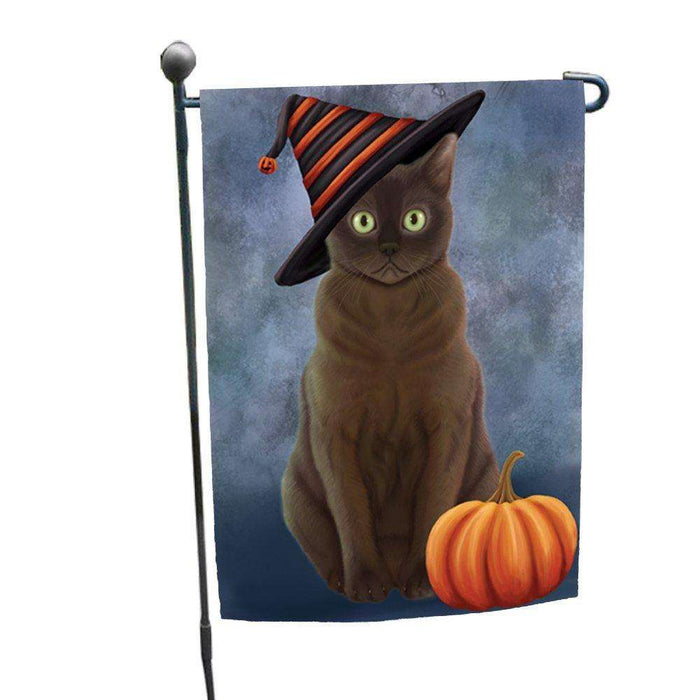 American Bermese Zibeline Cat Wearing Witch Hat with Pumpkin Garden Flag