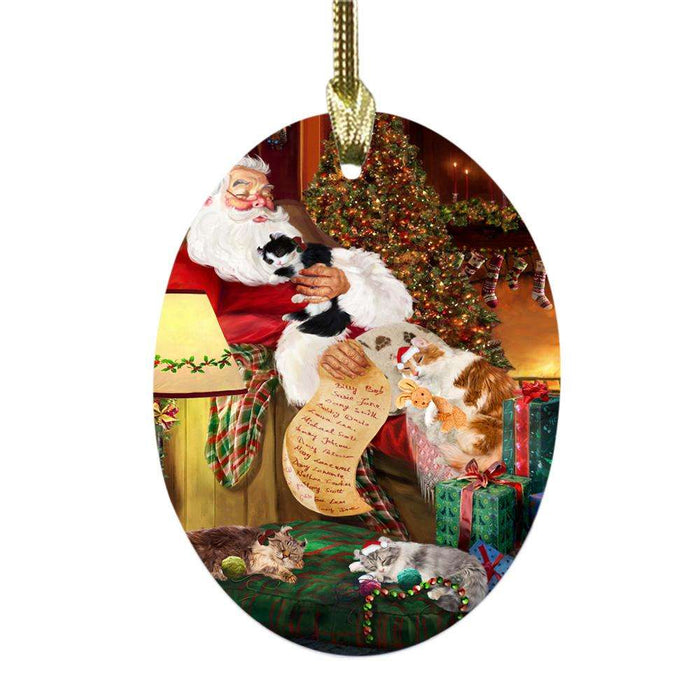 American Curl Cats and Kittens Sleeping with Santa Oval Glass Christmas Ornament OGOR49235