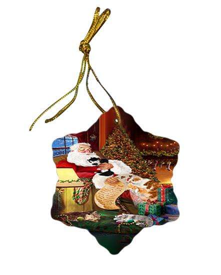 American Curl Cats and Kittens Sleeping with Santa  Star Porcelain Ornament SPOR54503