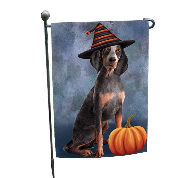 American English Coonhound Dog Wearing Witch Hat with Pumpkin Garden Flag
