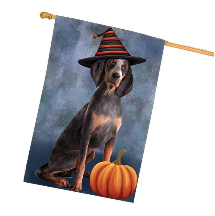 American English Coonhound Dog Wearing Witch Hat with Pumpkin House Flag