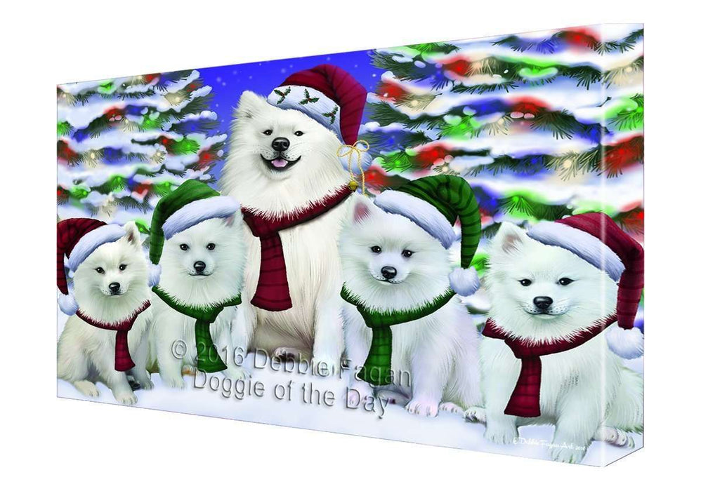 American Eskimo Dog Christmas Family Portrait in Holiday Scenic Background Canvas Wall Art