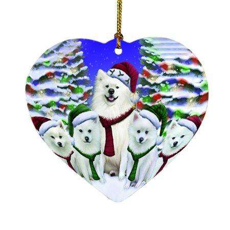 American Eskimo Dog Christmas Family Portrait in Holiday Scenic Background Heart Ornament D158