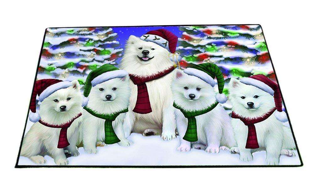 American Eskimo Dog Christmas Family Portrait in Holiday Scenic Background Indoor/Outdoor Floormat