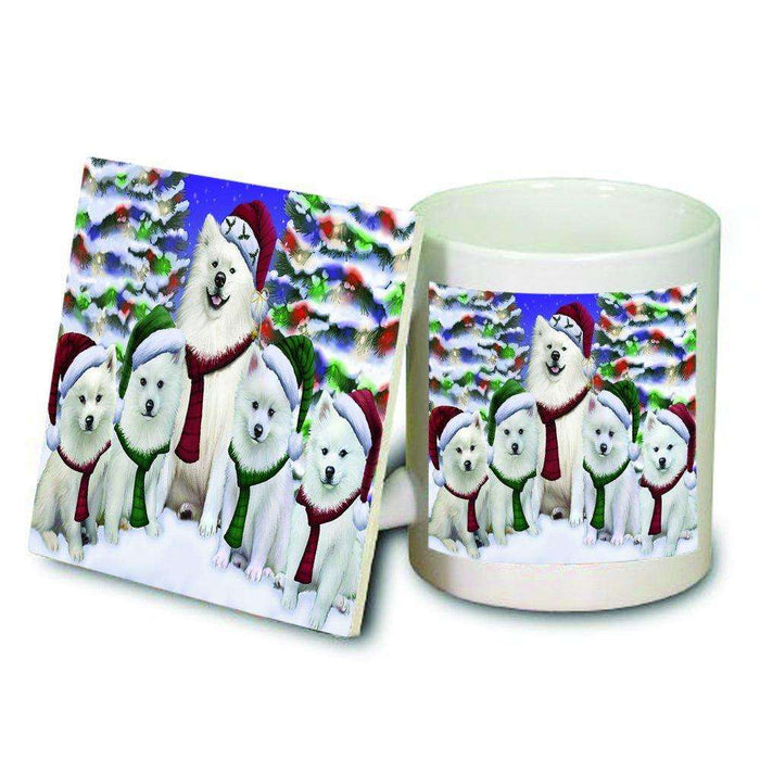 American Eskimo Dog Christmas Family Portrait in Holiday Scenic Background Mug and Coaster Set