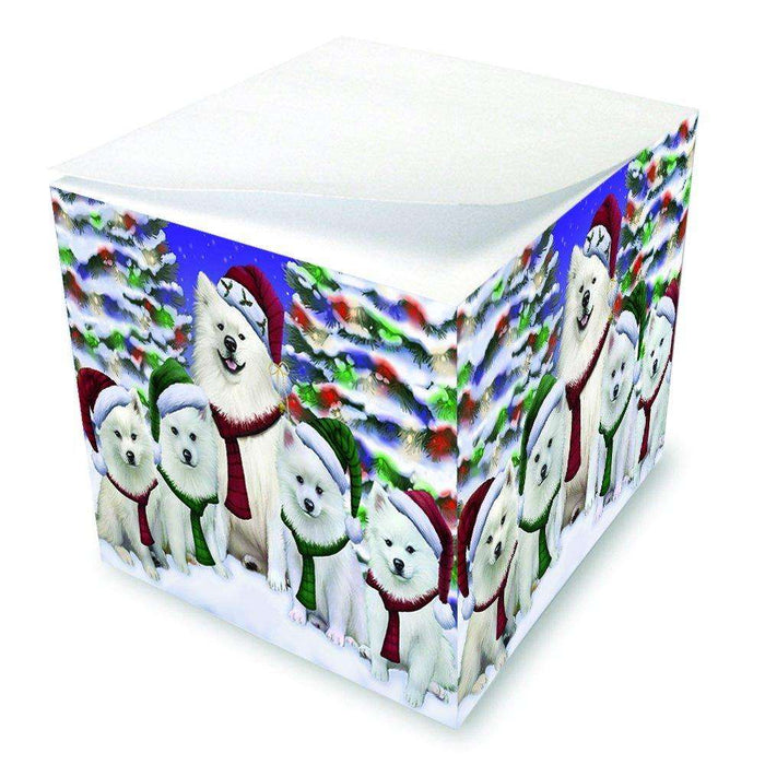 American Eskimo Dog Christmas Family Portrait in Holiday Scenic Background Note Cube D174