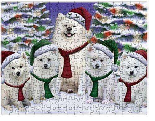 American Eskimo Dog Christmas Family Portrait in Holiday Scenic Background Puzzle with Photo Tin D137