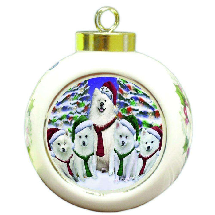 American Eskimo Dog Christmas Family Portrait in Holiday Scenic Background Round Ball Ornament D158
