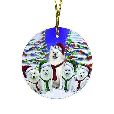 American Eskimo Dog Christmas Family Portrait in Holiday Scenic Background Round Ornament D158