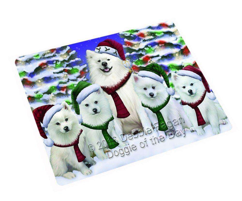 American Eskimo Dog Christmas Family Portrait in Holiday Scenic Background Tempered Cutting Board