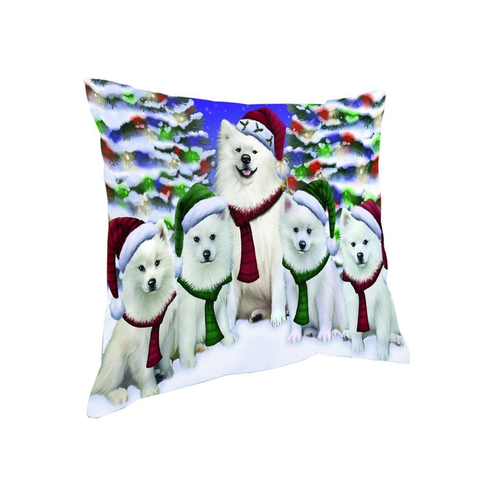 American Eskimo Dog Christmas Family Portrait in Holiday Scenic Background Throw Pillow