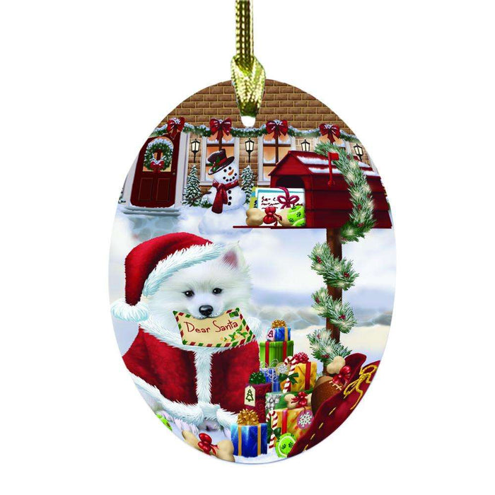 American Eskimo Dog Dear Santa Letter Christmas Holiday Mailbox Oval Glass Christmas Ornament OGOR48991