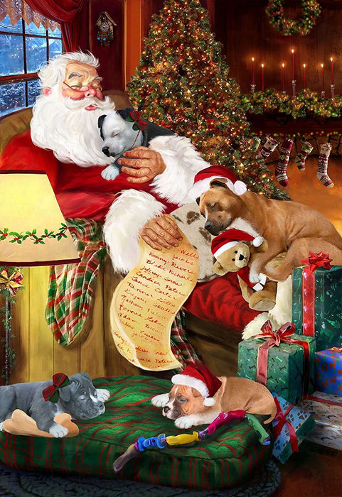 American Staffordshire Dog and Puppies Sleeping with Santa Canvas Gallery Wrap 1.5" Inch