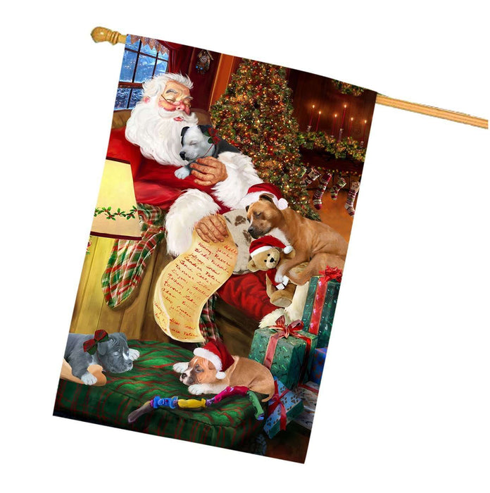 American Staffordshire Dog and Puppies Sleeping with Santa House Flag