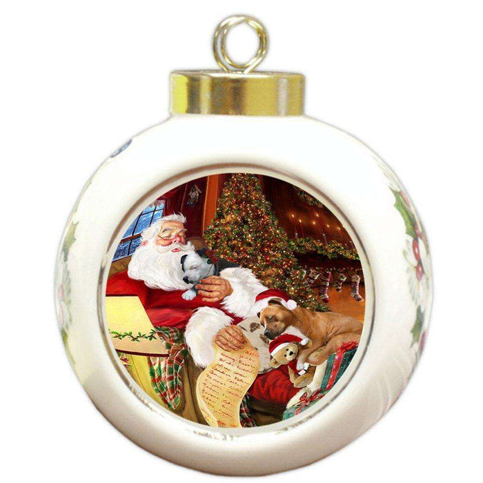American Staffordshire Dog and Puppies Sleeping with Santa Round Ball Christmas Ornament D469