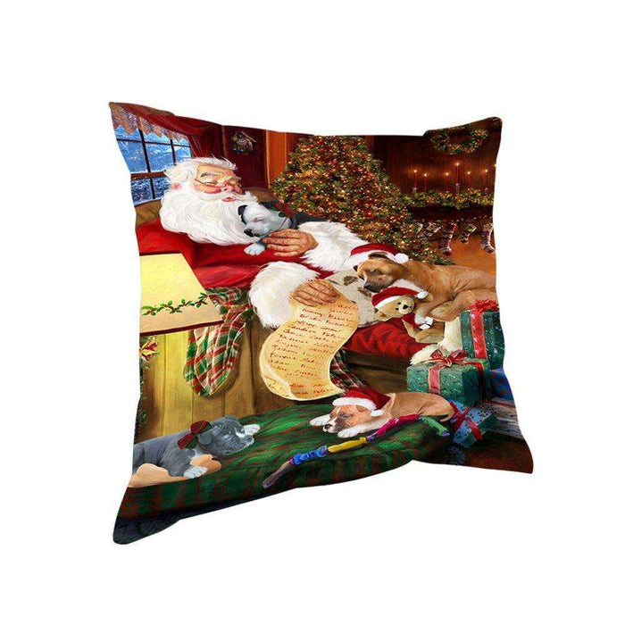 American Staffordshire Dog and Puppies Sleeping with Santa Throw Pillow