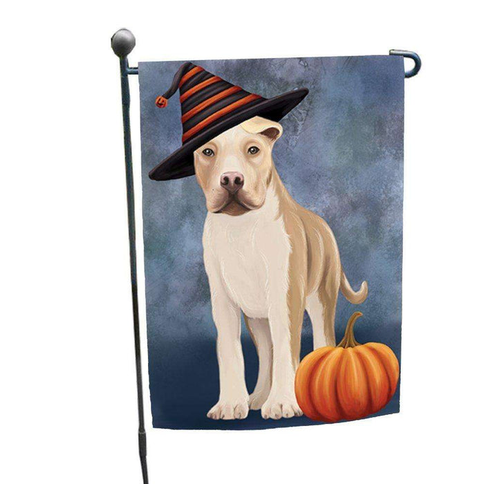 American Staffordshire Dog Wearing Witch Hat with Pumpkin Garden Flag