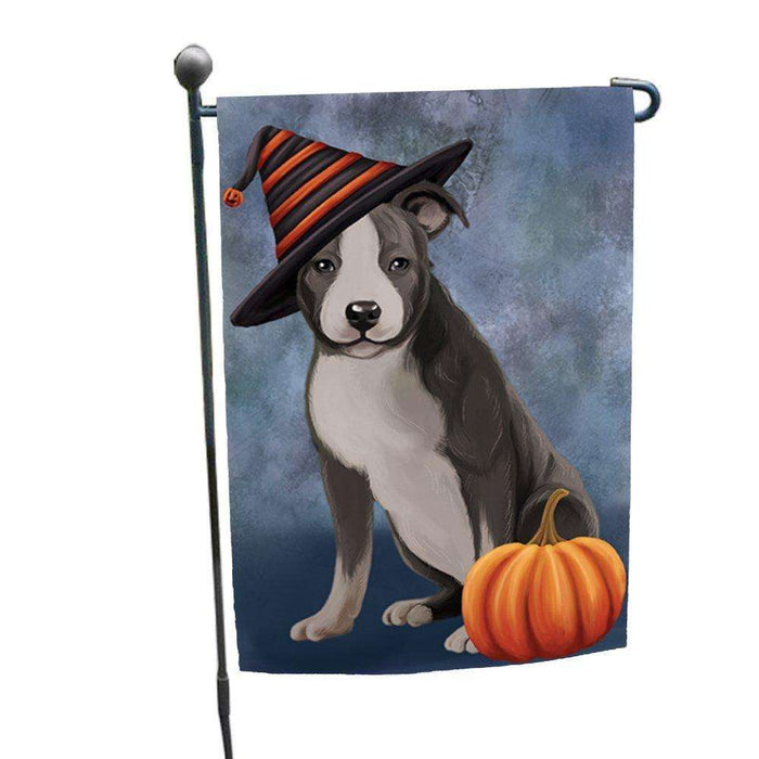 American Staffordshire Dog Wearing Witch Hat with Pumpkin Garden Flag