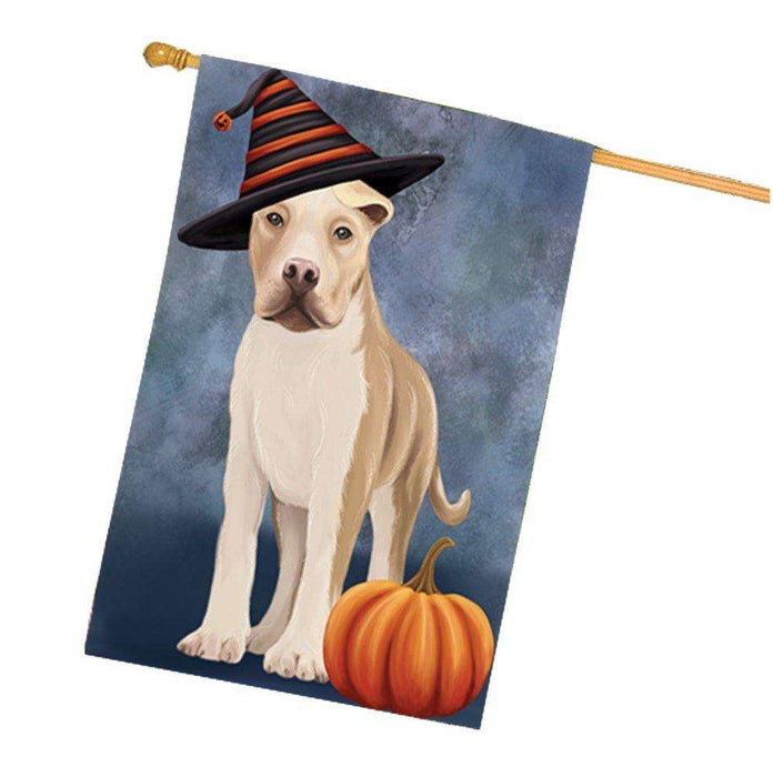 American Staffordshire Dog Wearing Witch Hat with Pumpkin House Flag
