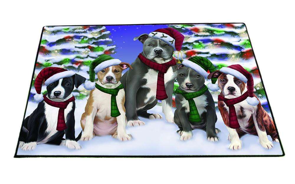 American Staffordshire Terriers Dog Christmas Family Portrait in Holiday Scenic Background Floormat FLMS51909