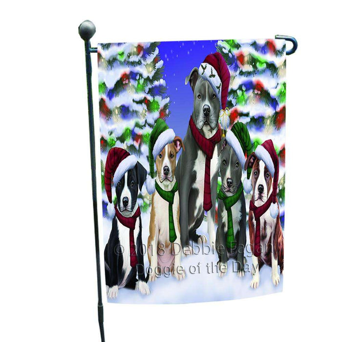 American Staffordshire Terriers Dog Christmas Family Portrait in Holiday Scenic Background Garden Flag GFLG52649