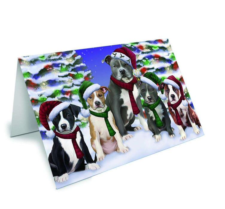 American Staffordshire Terriers Dog Christmas Family Portrait in Holiday Scenic Background Handmade Artwork Assorted Pets Greeting Cards and Note Cards with Envelopes for All Occasions and Holiday Seasons GCD62141