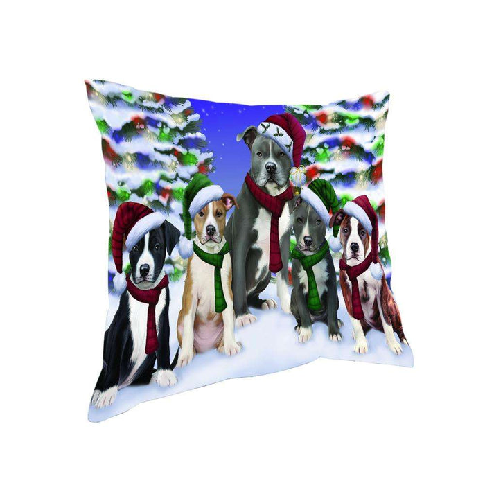 American Staffordshire Terriers Dog Christmas Family Portrait in Holiday Scenic Background Pillow PIL66972