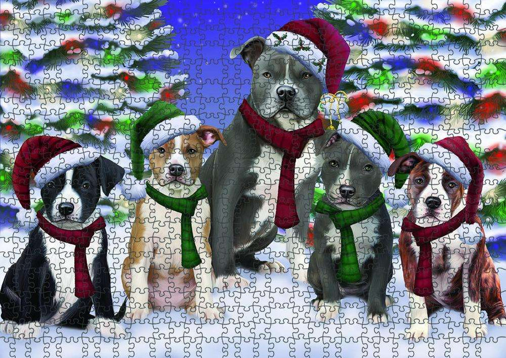 American Staffordshire Terriers Dog Christmas Family Portrait in Holiday Scenic Background Puzzle with Photo Tin PUZL62043