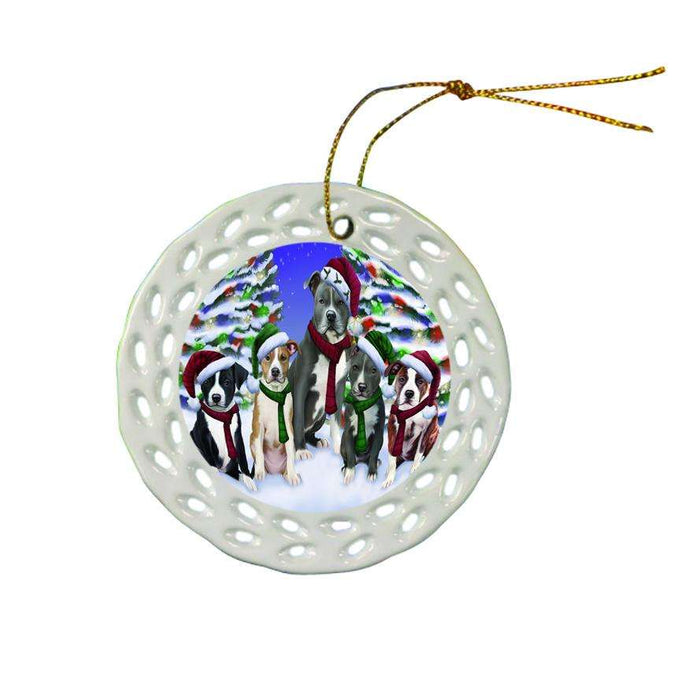 American Staffordshire Terriers Dog Christmas Family Portrait in Holiday Scenic Background  Ceramic Doily Ornament DPOR52704