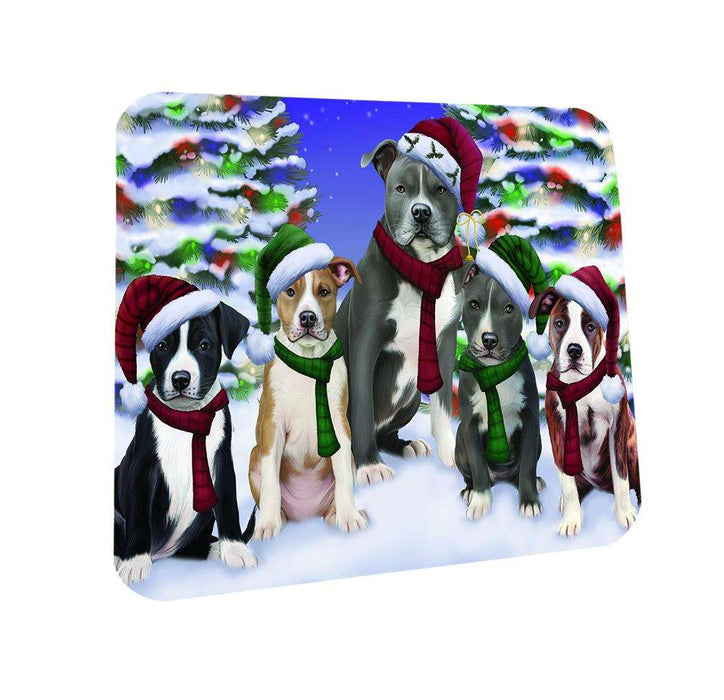 American Staffordshire Terriers Dog Christmas Family Portrait in Holiday Scenic Background  Coasters Set of 4 CST52663