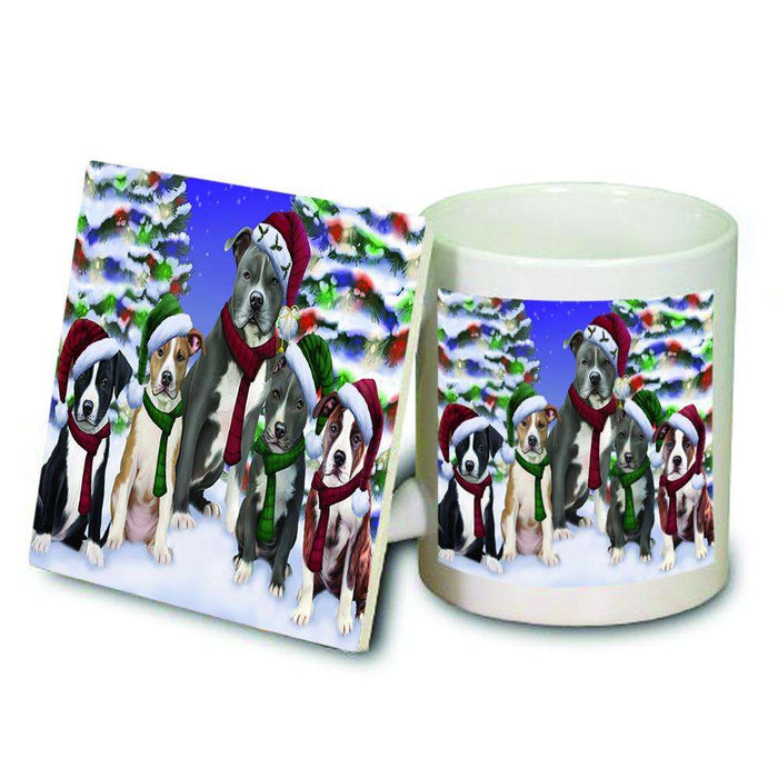 American Staffordshire Terriers Dog Christmas Family Portrait in Holiday Scenic Background  Mug and Coaster Set MUC52696
