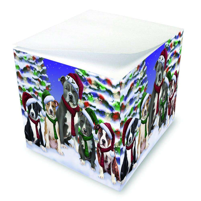American Staffordshire Terriers Dog Christmas Family Portrait in Holiday Scenic Background  Note Cube NOC52704