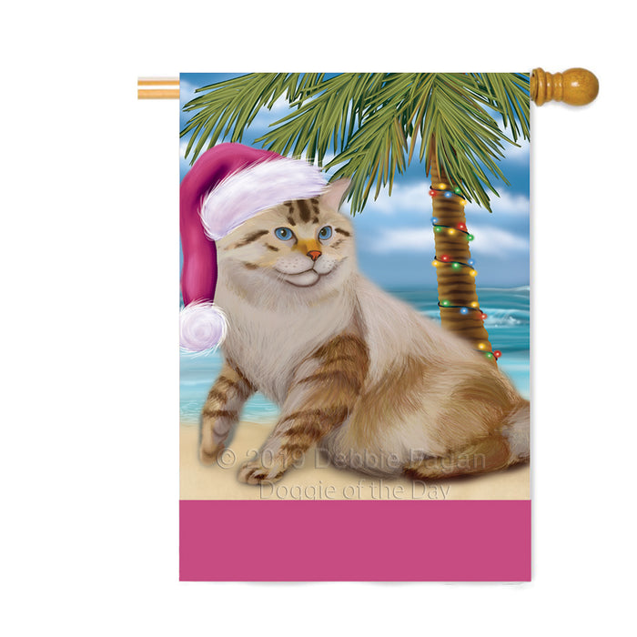 Personalized Summertime Happy Holidays Christmas American Bobtail Cat on Tropical Island Beach Custom House Flag FLG-DOTD-A60426
