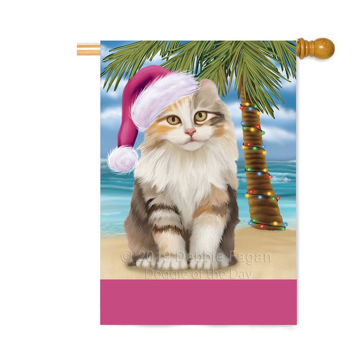 Personalized Summertime Happy Holidays Christmas American Curl Cat on Tropical Island Beach Custom House Flag FLG-DOTD-A60427
