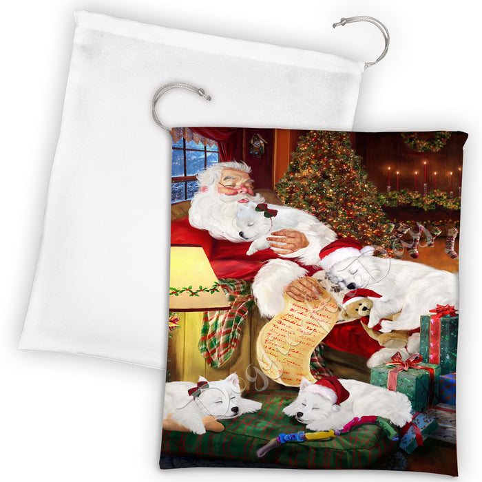 Santa Sleeping with American Eskimo Dogs Drawstring Laundry or Gift Bag LGB48765