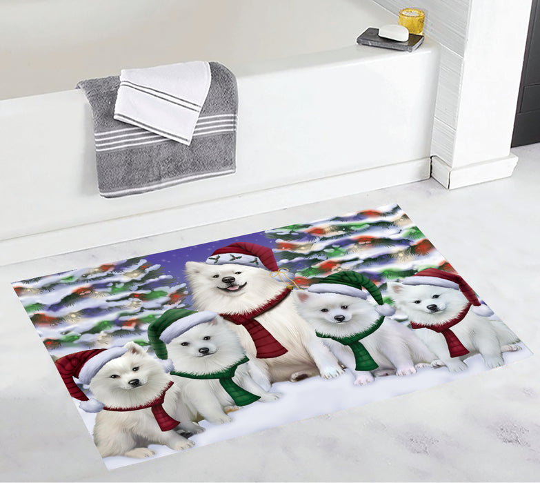 American Eskimo Dogs Christmas Family Portrait in Holiday Scenic Background Bath Mat