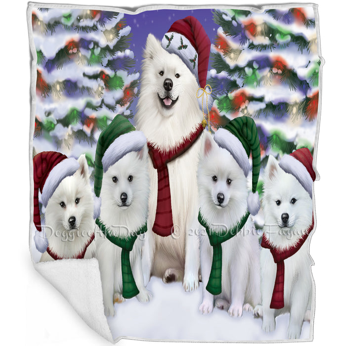 American Eskimo Dog Christmas Family Portrait in Holiday Scenic Background Art Portrait Print Woven Throw Sherpa Plush Fleece Blanket