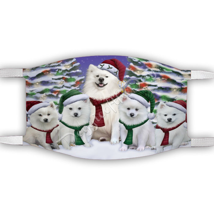 American Eskimo Dogs Christmas Family Portrait in Holiday Scenic Background Face Mask FM48306