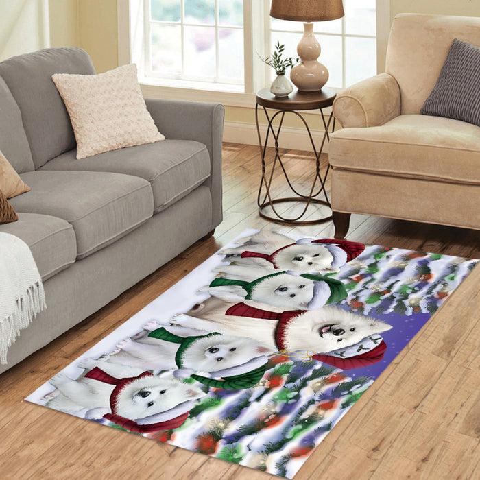American Eskimo Dogs Christmas Family Portrait in Holiday Scenic Background Area Rug